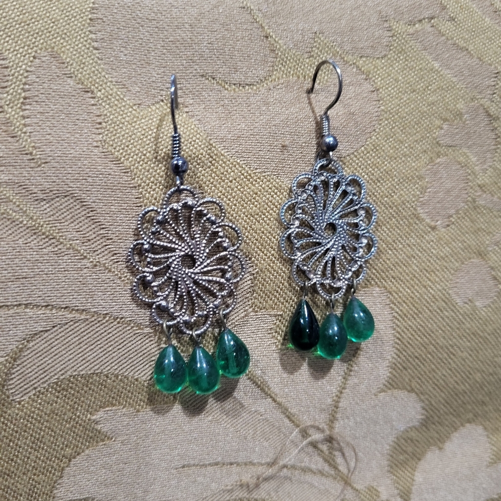 Silver filigree and green teardrop hook earrings